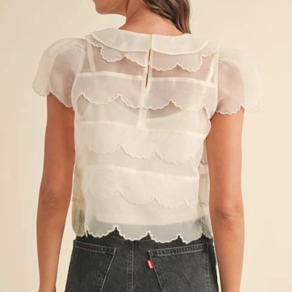 SCALLOP EMBROIDERED ORGANZA BLOUSE TOP - Picture 4 of 5